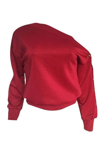 Trendy oblique shoulder Button sweatshirt