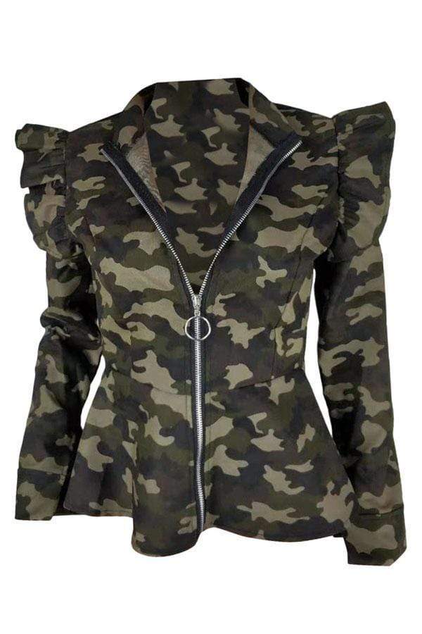 Casual  Camouflage Printed  Green Jacket