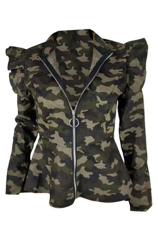 Casual  Camouflage Printed  Green Jacket
