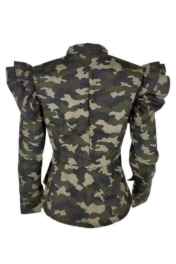 Casual  Camouflage Printed  Green Jacket