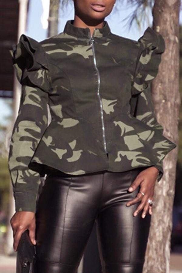 Casual  Camouflage Printed  Green Jacket