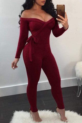 Trendy Dew Shoulder Skinny One-piece Jumpsuit