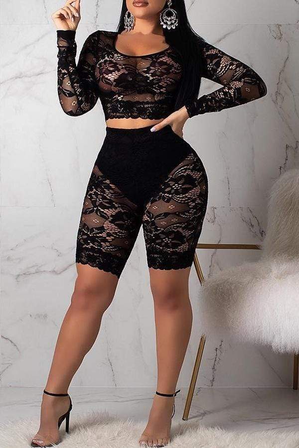 Trendy See-through Lace Shorts Set(Without Underpants )