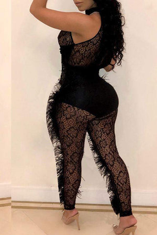 Chic See-through Black Lace One-piece Jumpsuit