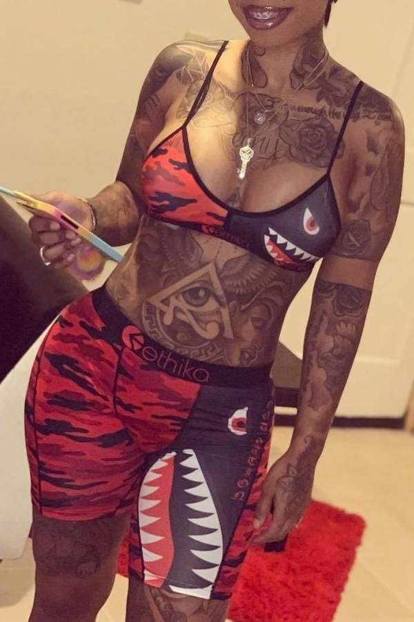 Sexy Printed Red Shorts Set