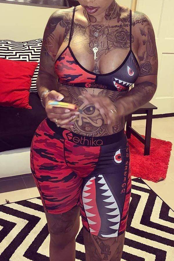 Sexy Printed Red Shorts Set