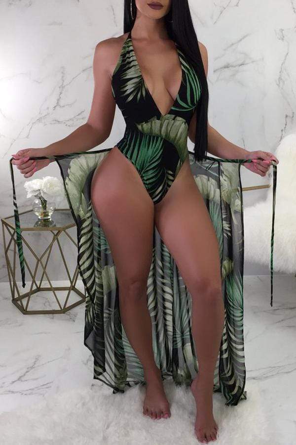 Sexy Printed Blackish One-piece Swimwears (With Cover-Ups)