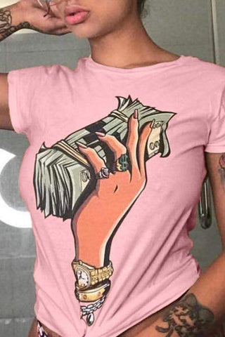 Casual Round Neck Cartoon Printed  T-shirt