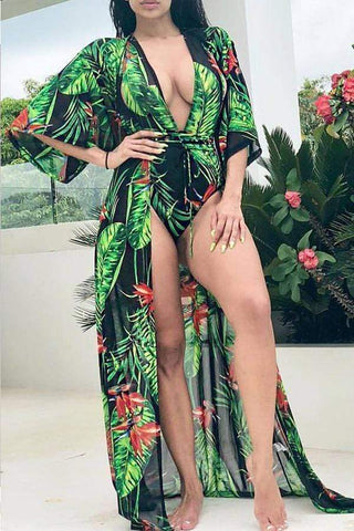VogueRegion Casual Leaf Printed Swimwears(With Cover-Ups) - VogueRegion