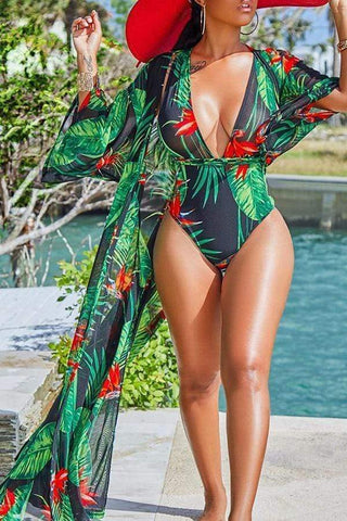 VogueRegion Casual Leaf Printed Swimwears(With Cover-Ups) - VogueRegion