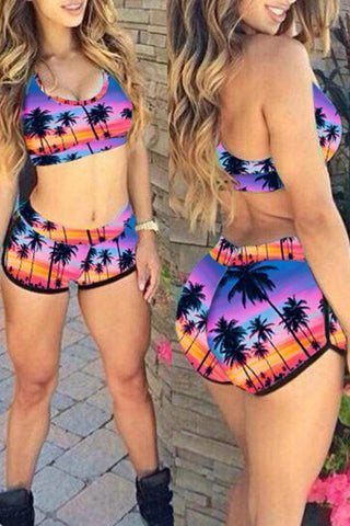 VogueRegion Coconut Tree  Printed Two-piece Swimwear - VogueRegion