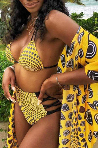 Secy Hollowed-out Two-piece Swimwear(With Cover-up)