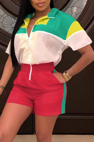 Casual Patchwork Zipper Design One-piece Romper