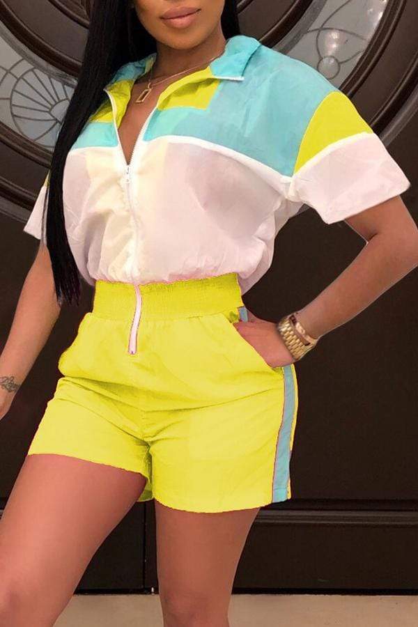 Casual Patchwork Zipper Design One-piece Romper