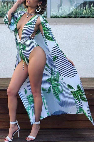 White Striped Printed One-piece Swimwear(With Cover-up)