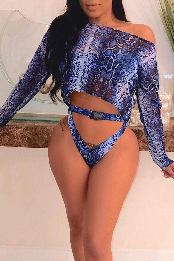 Off The Shoulder Snakeskin Pattern One-piece Swimwear