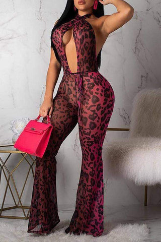 Sexy Leopard Printed Hollow-out One-piece Jumpsuit