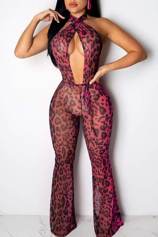 Sexy Leopard Printed Hollow-out One-piece Jumpsuit