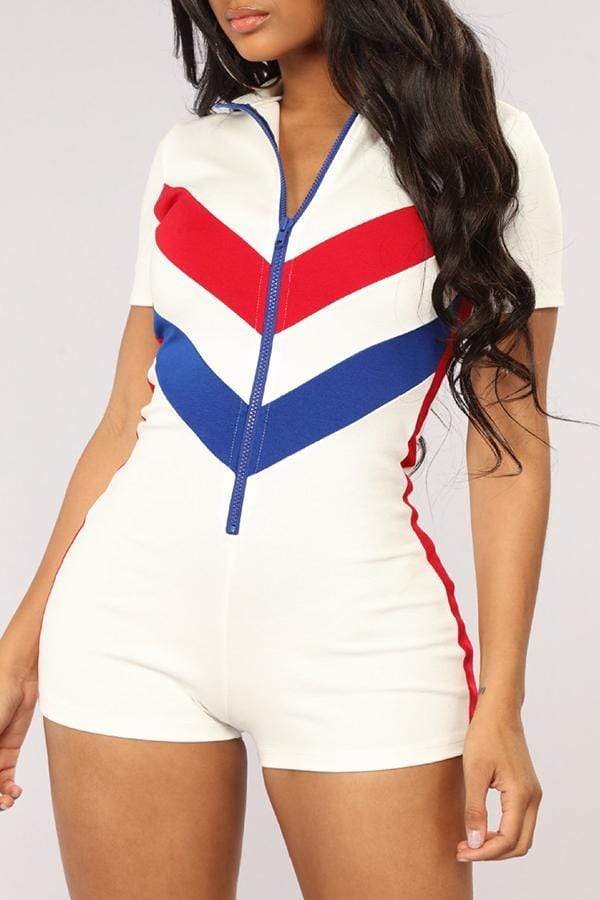 Casual Zipper Design Patchwork Romper