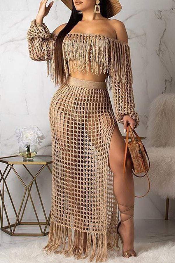Hollow-out Tassel Design Skirt Set(Cover-up)