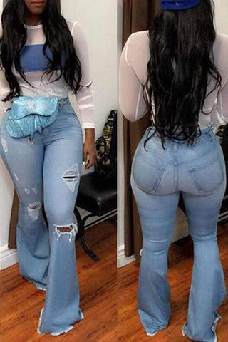 VogueRegion Casual Trumpet-shaped Broken Holes Jeans - VogueRegion