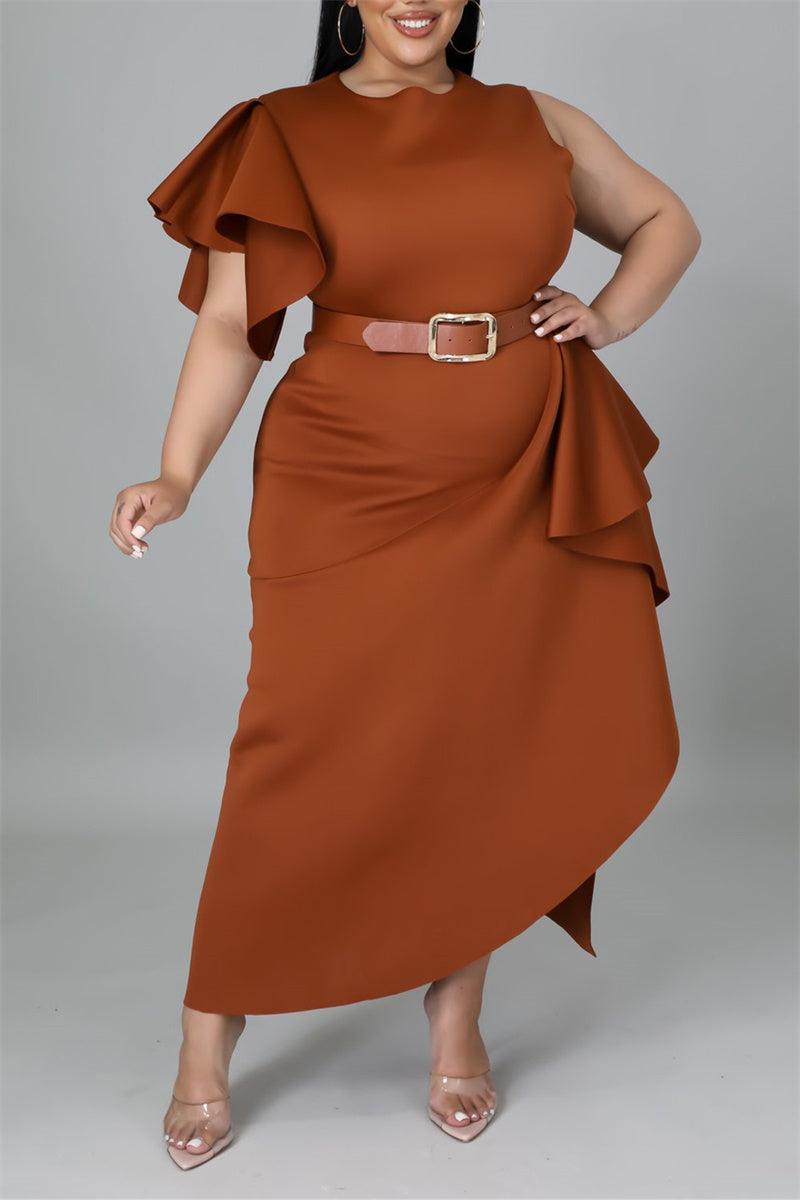 Online-clothing-plus-size-ruffle-flare-sleeve-solid-asymmetrical-midi-dress