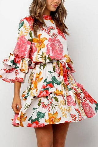 Dokifans Flounce Lace-Up Floral Print Mini Dress - Dokifans