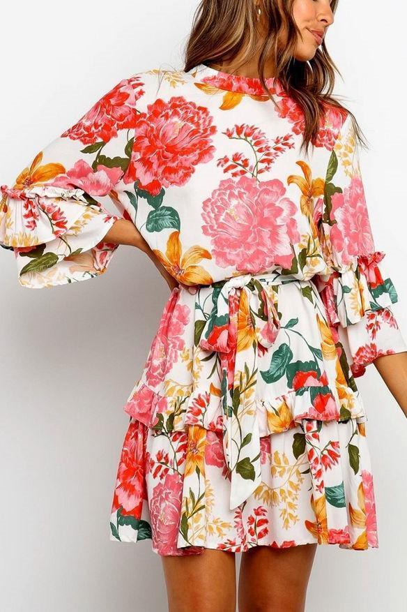 Dokifans Flounce Lace-Up Floral Print Mini Dress - Dokifans