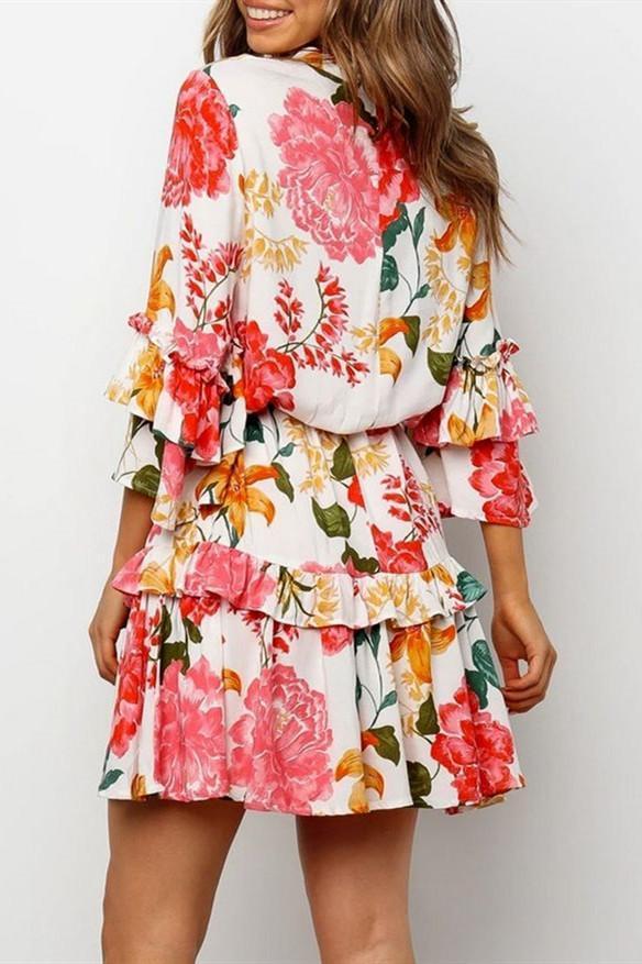 Dokifans Flounce Lace-Up Floral Print Mini Dress - Dokifans