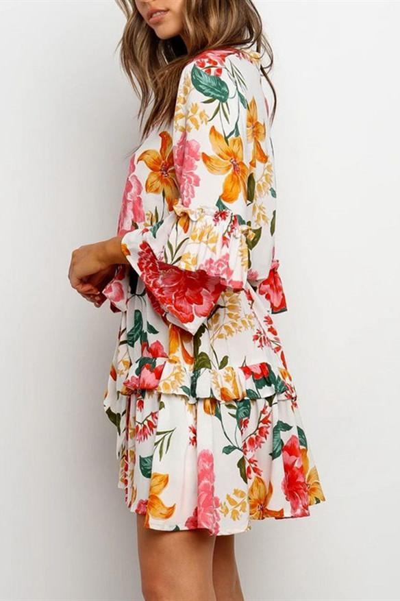Dokifans Flounce Lace-Up Floral Print Mini Dress - Dokifans