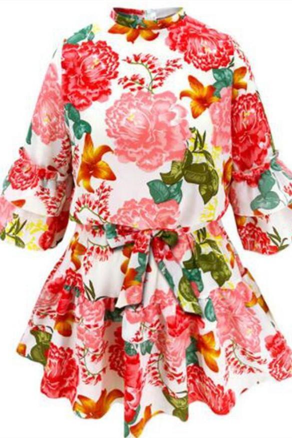 Dokifans Flounce Lace-Up Floral Print Mini Dress - Dokifans