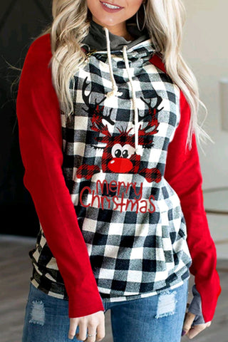 Christmas Plaid Patchwork Hooded Sweatshirt