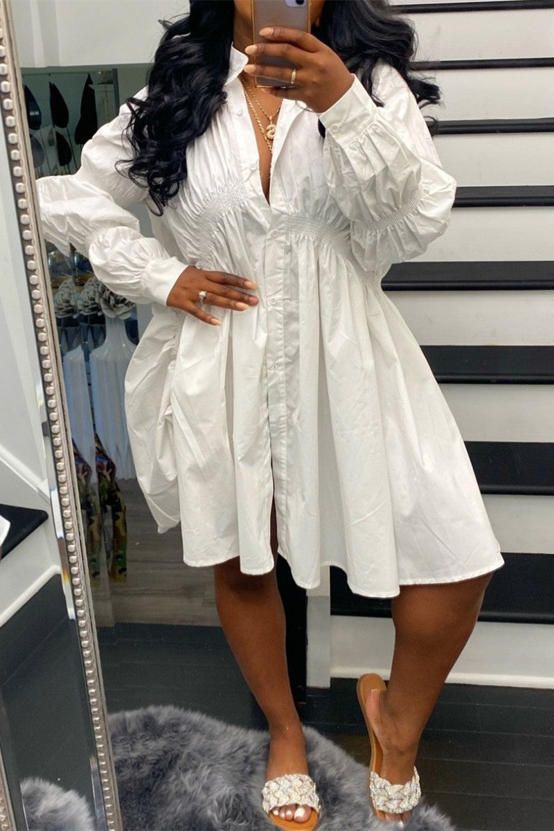 Online-clothing-plus-size-solid-white-button-fold-design-long-sleeve-shirt-mini-dress