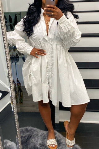 Online-clothing-plus-size-solid-white-button-fold-design-long-sleeve-shirt-mini-dress