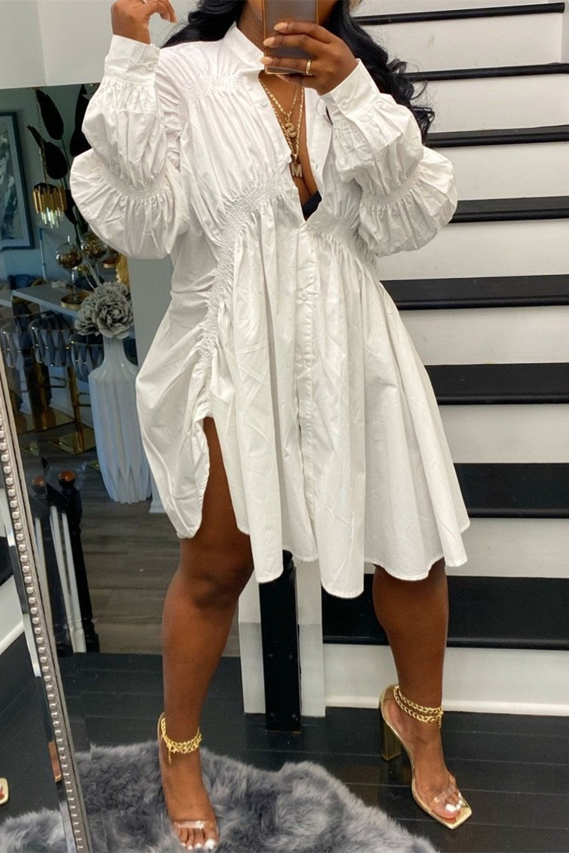 Online-clothing-plus-size-solid-white-button-fold-design-long-sleeve-shirt-mini-dress