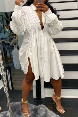 Online-clothing-plus-size-solid-white-button-fold-design-long-sleeve-shirt-mini-dress