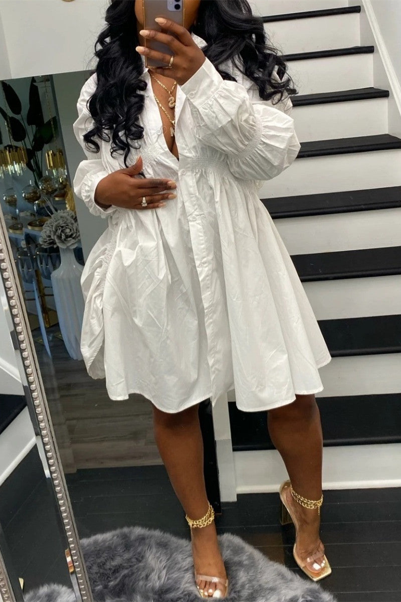 Online-clothing-plus-size-solid-white-button-fold-design-long-sleeve-shirt-mini-dress