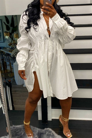 Online-clothing-plus-size-solid-white-button-fold-design-long-sleeve-shirt-mini-dress