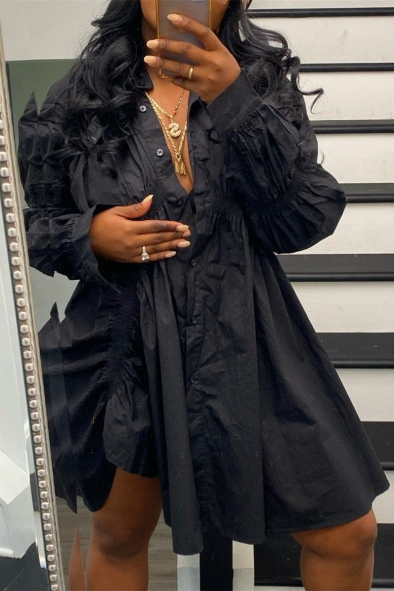 Online-clothing-plus-size-solid-white-button-fold-design-long-sleeve-shirt-mini-dress