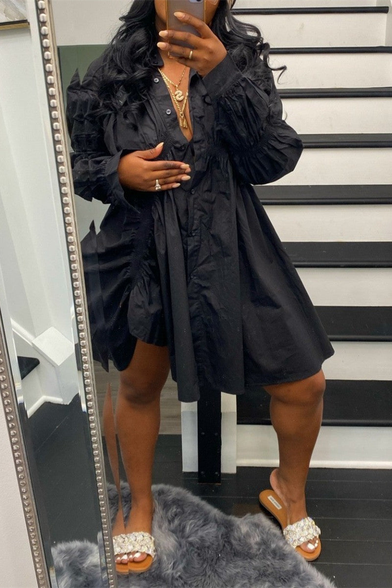 Online-clothing-plus-size-solid-white-button-fold-design-long-sleeve-shirt-mini-dress