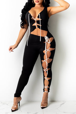 Pierced Bandage Solid Color Sleeveless Jumpsuit