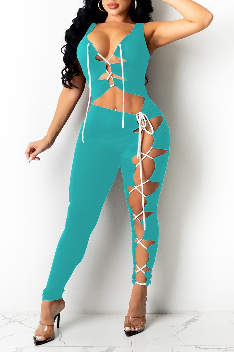 Rodress-freeshipping-pierced-bandage-solid-color-sleeveless-jumpsuit