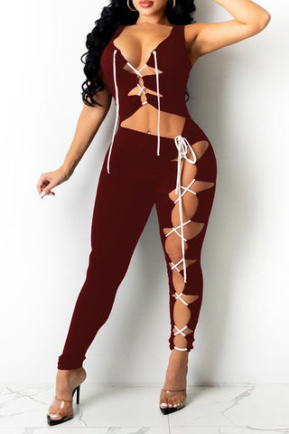 Pierced Bandage Solid Color Sleeveless Jumpsuit