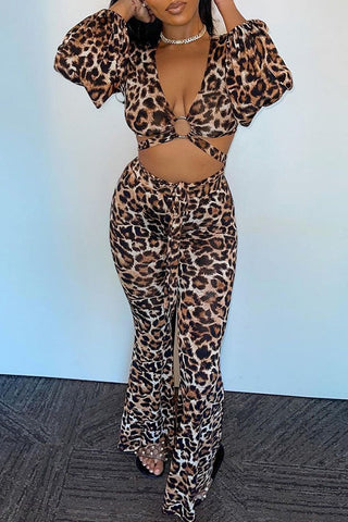 Deep V Neck Leopard Print Lace-up Two Piece Sets