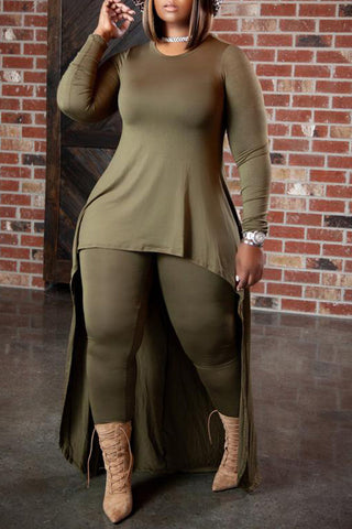 Plus Size Solid Long Sleeve Floor Length Top Leggings Pants Two Pieces Set