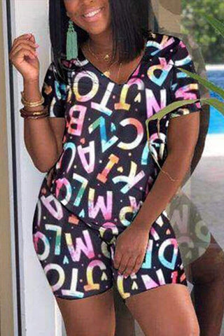 Fashion Letter Printing V-Neck  Shorts Set