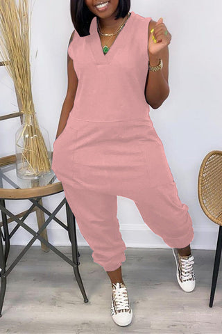 Sale-fashion-freeshipping-style-outfit-casual-solid-basic-v-neck-regular-sleeveless-jumpsuits