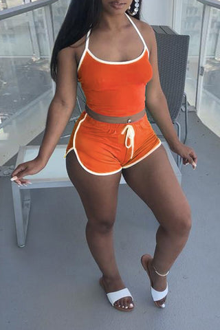 Drawstring Scoop Neck Solid Plus Size Top & Shorts