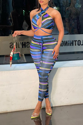Criss Cross Patchwork Halter Neck Top & Pants