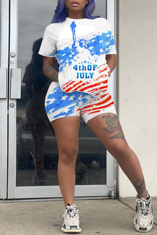 American Flag Print Round Neck Top & Shorts